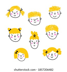 Set of children's cartoon faces. Hand drawn style. Vector children's illustration isolated on a white background. Good for posters, textiles, t shirts.