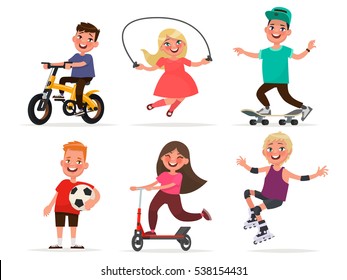 Set of children's characters of boys and girls involved in sports. Vector illustration in cartoon style