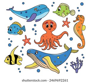 Set of children's characters in cartoon style. Vector illustration. Isolated. Undersea world. Fish, corals, whales, dolphins. octopus.  Hand drawn. Isolated. Marine. Aquarium. Sea and river.  For kids