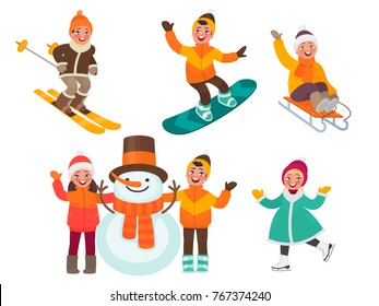 Set of children's characters. Kids mold a snowman,ride ice skate, ski, sleigh and snowboard. Vector illustration in cartoon style