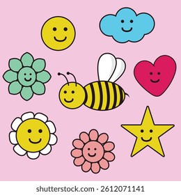 set of children's characters, smiley, sun, cloud, flower, chamomile, star, heart, characters with faces, cute characters, children