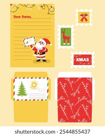 Um conjunto de cartas de Natal para crianças para o Papai Noel. Um modelo para cartas, envelopes e carimbos postais em um estilo simples.  Uma ilustração de Papai Noel segurando um envelope postal.