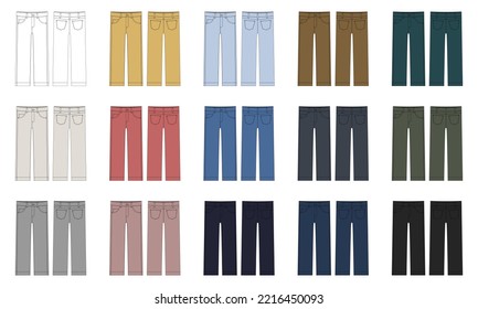 Set of children's classical jeans technical sketch. Denim casual clothes multicolored collection. Front and back. CAD fashion vector illustration