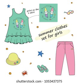 set of children's clothes for the beach, vector illustration of a summer collection of clothes for the girl, a dress with a print and trousers