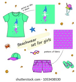 set of children's clothes for the beach, vector illustration of the summer collection of clothes for the girl, t-shirt with print and shorts