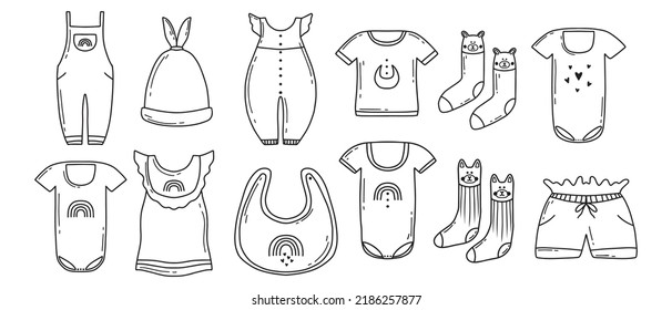 Set of children's clothes. Doodle style. Vector illustration. Collection of clothes for children. Dress, bodysuit, socks, shorts, jumpsuit.