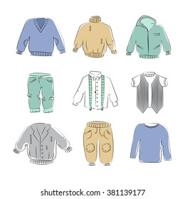 Set of children's clothes, hand drawn vector elements.