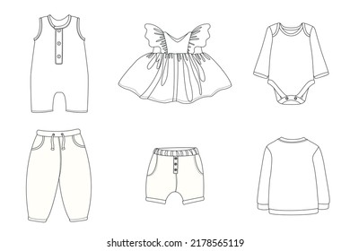 Set of children's clothes on a white background, vector mockups of children's clothes, dress for a girl, shorts for children, pants, overalls for a baby, bodysuit for a baby