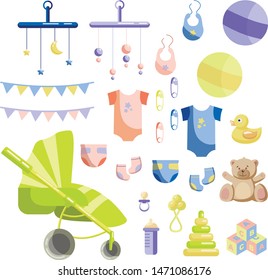 A set of children's clothes in original colors. Clothes for baby, children's toys, child care. Baby things for hygiene. Large baby stroller. Big toy a teddy bear, ball, duck for a bath.