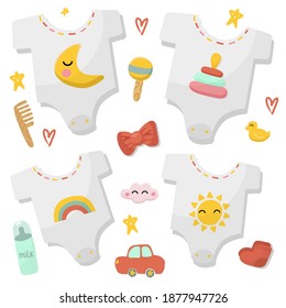 Set of children's clothes. White sleepsuits for a newborn with different cute patterns. Red toy car, duck, feeding bottle. Vector illustration