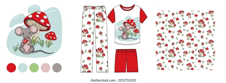 Set of children's clothing pajamas for boys and girls. Vector image illustration and patern on a white background mushrooms and a mouse. T-shirt, pants and shorts pattern.