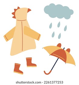 A set of children's clothing - raincoat, umbrella, rubber boots. A cloud with droplets. Vector illustration of stylized things in cartoon style. Isolated on a white background.