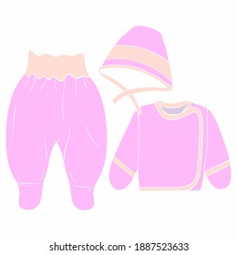 Un conjunto de ropa para niños. Vector de acercamiento. El concepto de productos para bebés para tiendas y publicidad. Estilo de caricatura. Para pegatinas, collages, diseño web