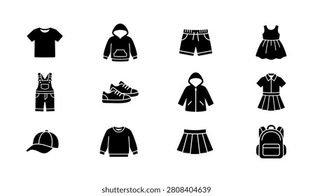 Set of childrens clothing vector icons, including t-shirt, hoodie, shorts, dress, overalls, shoes, jacket, shirt dress, cap, sweater, skirt, and backpack. Clean and modern flat illustration for kids fashion and apparel.