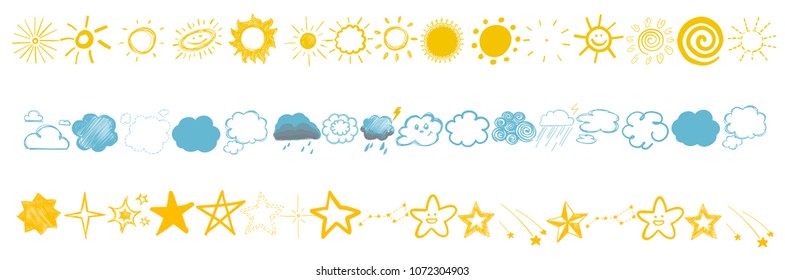 set of children's colored drawings of stars, clouds and sun different elements