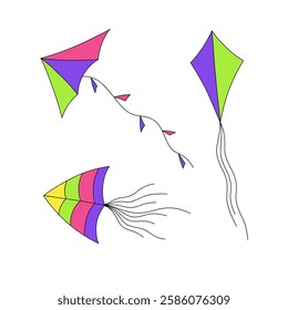 A set of children's colorful flying kites, hand-drawn, isolated, vector. A toy for active leisure. Graphic illustration with a line, flat design. A bright element for decoration, fun, and play