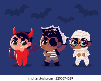 set of childrens in costume halloween party