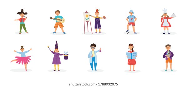 Set of childrens creative hobbies and outside interests with kids cartoon characters flat vector illustration isolated on white background. Sport, art and leisure.