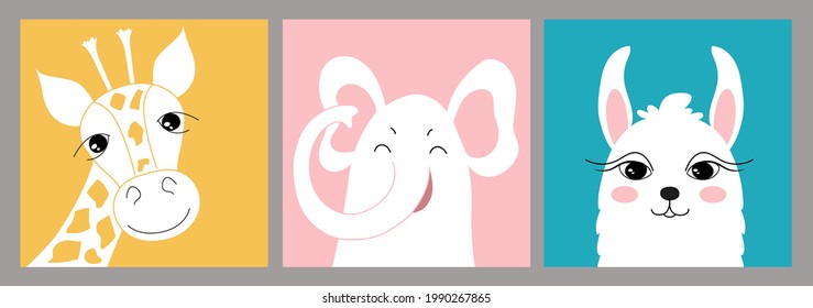 Set of children's creative illustrations in minimal flat style with giraffe, elephant and lama. Wall artistic drawing with cute animals. For postcards, posters, ornaments of the children's room.