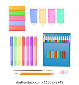 Set for children's creativity: plasticine, markers, paints and colored pencils.