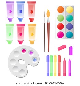 Set for children's creativity: tubes with paints, watercolor, markers, palette.