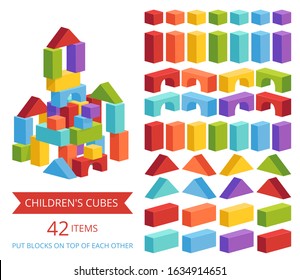 A set of children's cubes in different colors for making castles and towers. Children's educational game