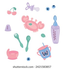 A set of children's cutlery items. White background, isolate.
