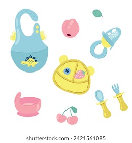 Set of children's dishes. Bib, plates, nibbler, spoon, fork, fruit