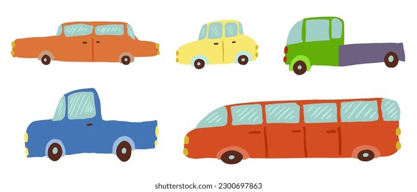 Set of children's doodles of different cars.Vector graphics.