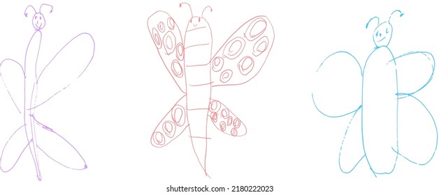 set children's drawing butterflies fly vector hand drawing