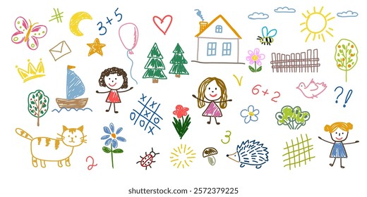 Set of children's drawing doodles, kid  design elements in flat graphics. Childish doodle drawings, girl dolls, cat, sun, trees, house, flowers, numbers, icons, etc. Vector illustration