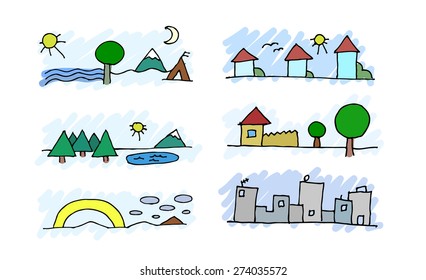 Set of children's drawings. Colorful pictures. Vector illustration.