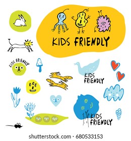 A set of children's drawings: monsters, beasts, details, heart, cloud, flowers, squirrels, hare, mouse, lion. Stickers, logos, signs, design for a kids friendly rooms. Doodles.