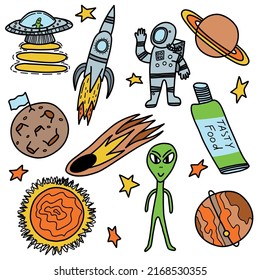 Set of children's drawings on the theme of space and aliens, planets, comets, rockets, stars. Astronauts Day Concept