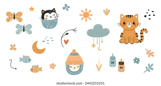Set of children's drawn elements in Scandinavian style to create patterns, textures for fabric, packaging, textiles, wallpaper. Vector illustration on white background, all objects are isolated