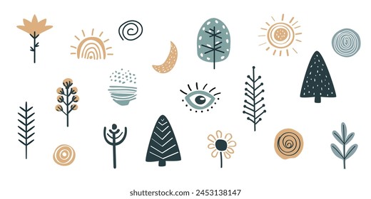 Setzen Sie Elemente im skandinavischen Stil, um Muster, Texturen für Stoff, Verpackungen, Textilien, Bildschirmhintergrund, Bekleidung zu erstellen. Vektorillustration auf weißem Hintergrund, alle Objekte sind isoliert