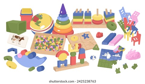 A set of children's educational toys randomly laid out on the floor. Clutter in the children's room or kindergarten. Raising kids. Vector illustration isolated on transparent background.