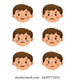 Set of children's emotional faces - cartoon boy facial expression icons. Vector illustration