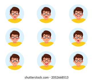 Set of children's emotions. Facial expression. Boy, teenager. Avatar. Vector flat design illustration