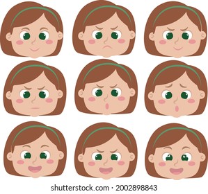 Set of children's emotions. The emotions of a little girl. Vector isolated illustration.