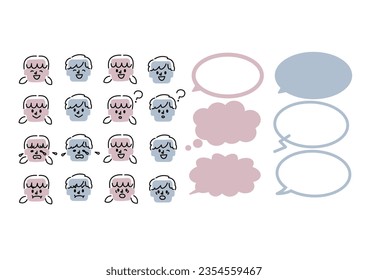 A set of children's face icons and speech bubbles with various expressions