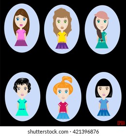 A set of children's faces. Cartoons avatars little girls with hair variations. Vector illustration.