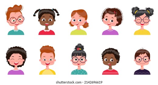 Set of children's faces. Child face expression little boys and girls cartoon avatars vector collection. Girl and boy avatar, young teenager female and male illustration