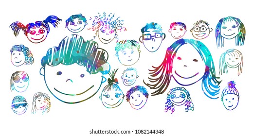 Set of children's faces. Vector