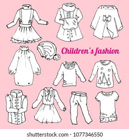 set of children's fashionable clothes isolated vector objects for design. Each vector object is created on the basis of a hand-drawn sketch