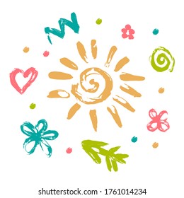 Set of children's finger drawings: sun, flowers, heart, lightning, arrow, spiral, dots. Hand drawn. Template for card, banner, social networks, t-shirt. Vector illustration. Isolated white background.