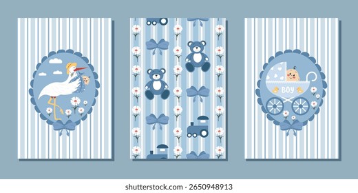 A set of children's flat vintage templates for posters, flyers, postcards, and seamless drawings with a funny stork and a newborn boy. Concept of a holiday, birth, and children. Vector design.