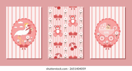 A set of children's flat vintage templates for posters, postcards, and seamless drawings with a funny stork and a newborn girl. The concept of a holiday and the birth of children. Vector design.