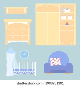 A set of children's furniture for the nursery. Vector design elements: baby cot, wardrobe with toys, chest of drawers, shelf, armchair with pillow isolated on the background