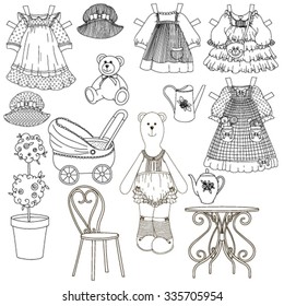 Set for children's games. Cut paint. Bear in underwear with a set of dresses and hats. With a stroller, a watering can, bear, garden furniture.